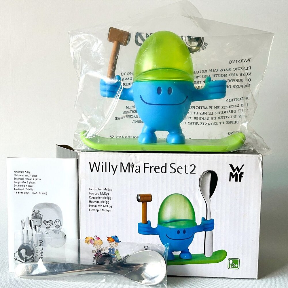 WMF Willy Mia Fred Set 2 McEgg Egg Cup Spoon Blue Green